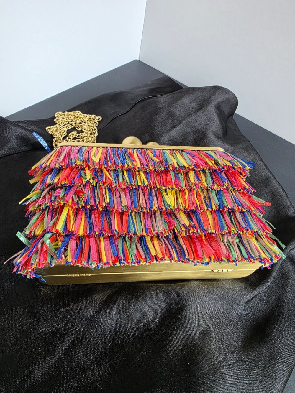 Olga Berg Carlita Carnivale Clutch Bag Multicolor Raffia Gold Frame Chain Strap - Picture 12 of 16